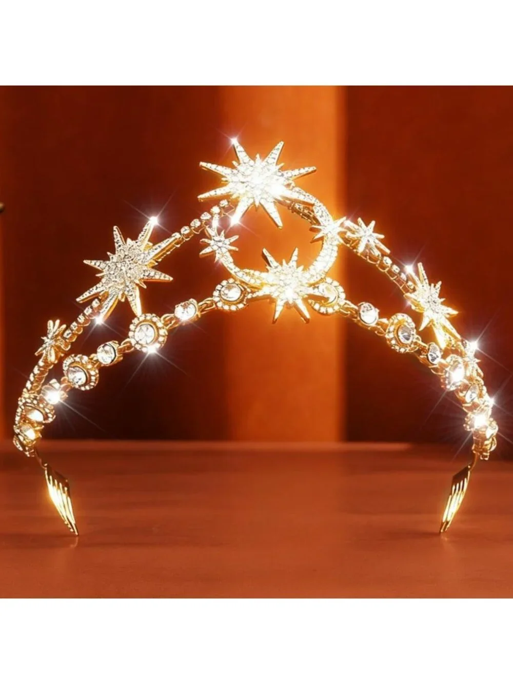 Celestial Gold Rhinestone Tiara Crown | Star Moon Hair Accessory for Women
